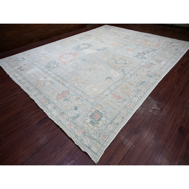 Tapis oriental 11 pi 8 po x 15 pi 2 po Oushak angora afghan avec grande feuille, noué à la main, 100% laine, colorants végétaux, très grand, très grand tapis oriental