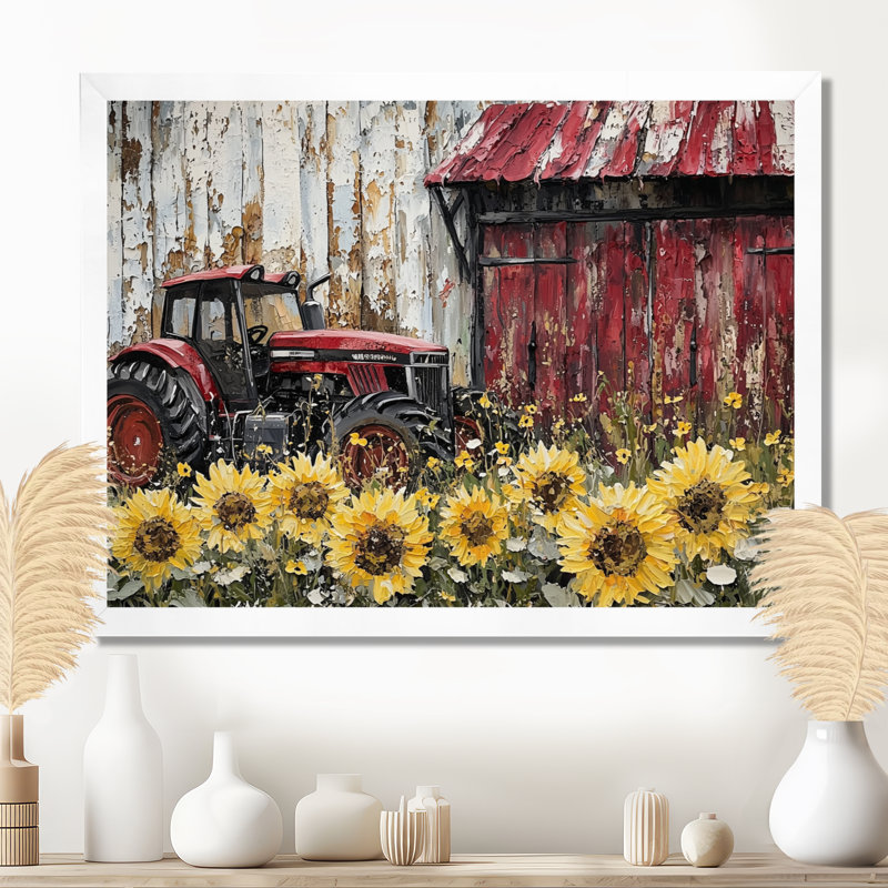 Dorukan Country Side Sunflowers With Tractor Farm II - ferme, art mural, Reproduction encadrée d'une seule photo, Blanc