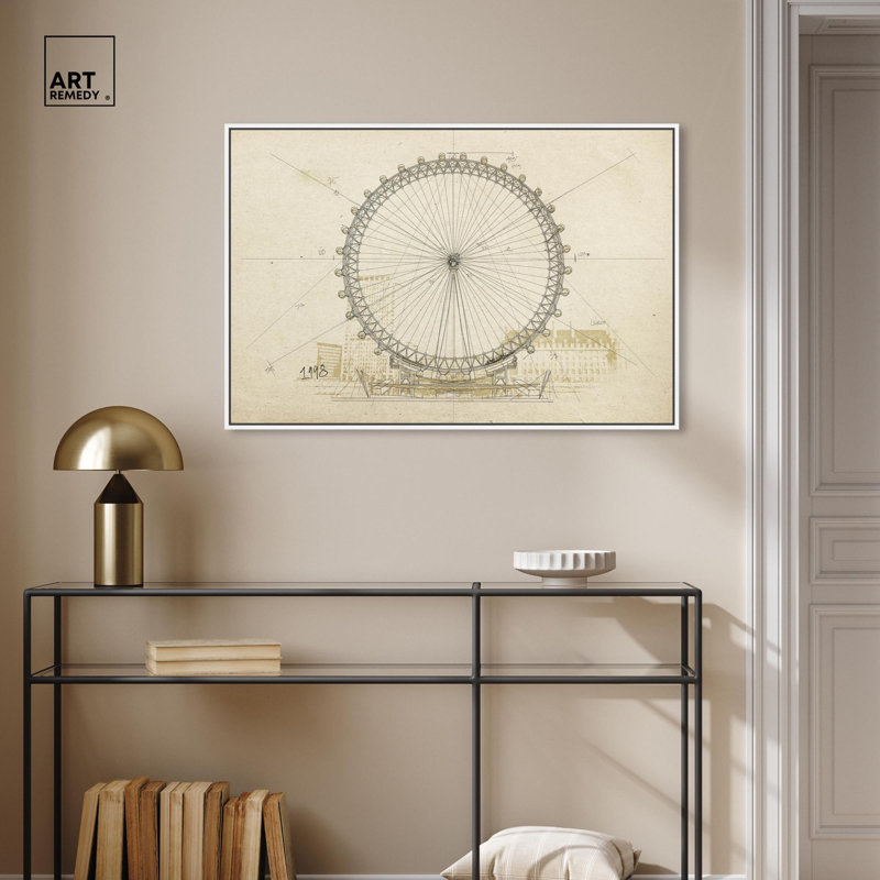 Grande roue sur toile, paysage classique par Art Remedy, H 25 po x l 37 po, Cadre flottant blanc