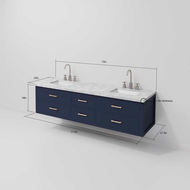 Ensemble de meuble-lavabo double mural 72 "avec miroir, Bleu, Marbre de Carrare blanc