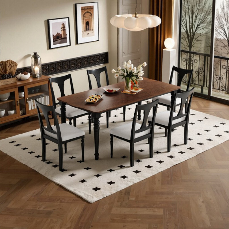 Ensemble de salle à manger extensible 7 pièces - Table de ferme avec 6 chaises rembourrées, Noir