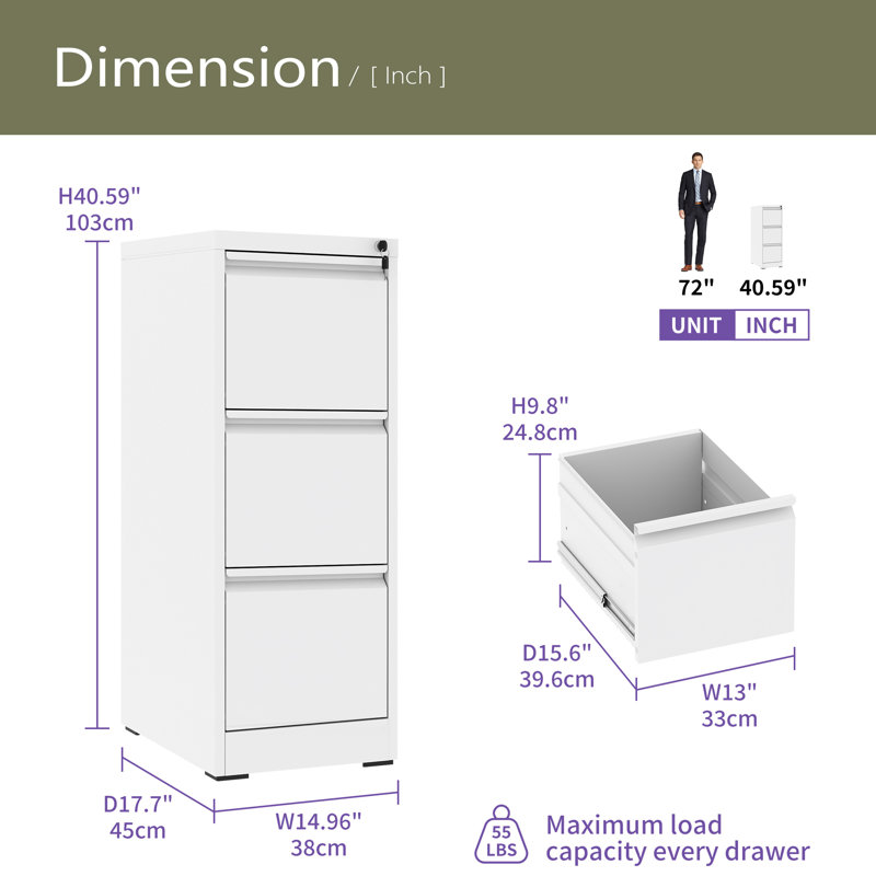 3 Drawer Metal Vertical File Cabinet With Lock Office Home Steel Vertical File Cabinet, White