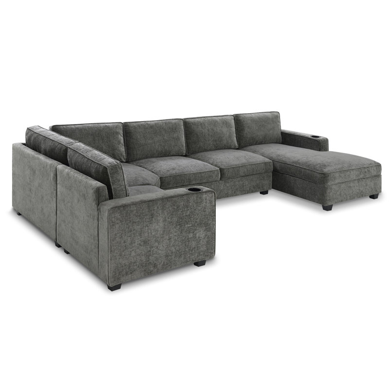 119*67" U Shaped Sectional Sofa,6 Seat Chenille Corner Couch Set with Oversized Chaise Lounge,Irregular Corner,Deep and Wide Seat Comfy Sofa with Cup Holders for Living Room,Apartment,2 Colors 