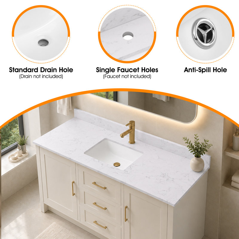 Dessus de meuble-lavabo en quartz 60 po avec lavabo encastré et dosseret en céramique