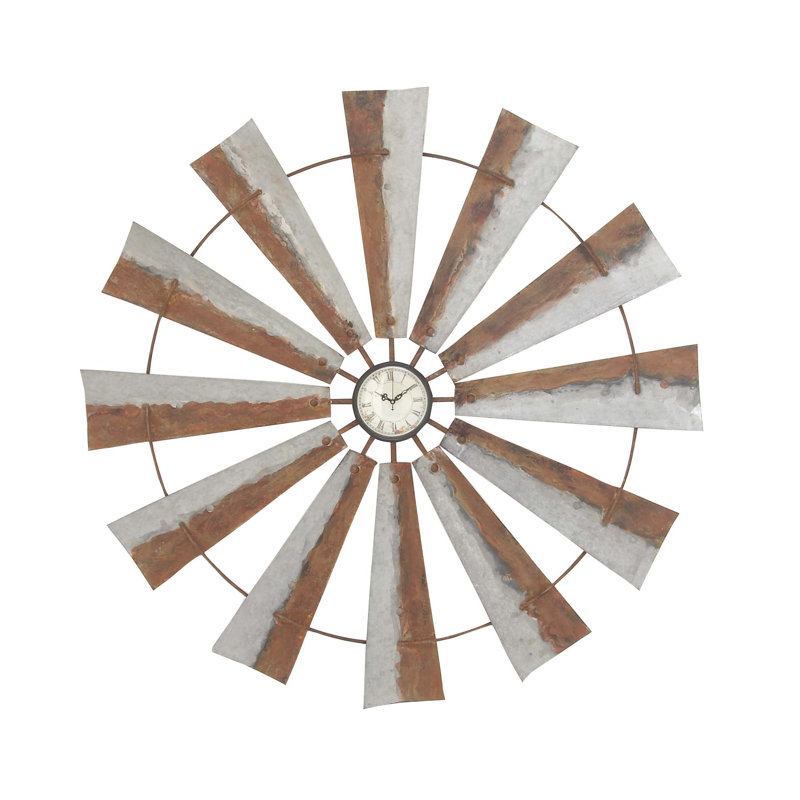 Oversized Gray and Brown Windmill Metal Wall Clock