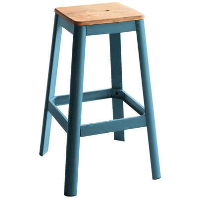 Solid Wood And Metal Bar Stool With Teal Legs For Bedroom Natural Backless Design Home