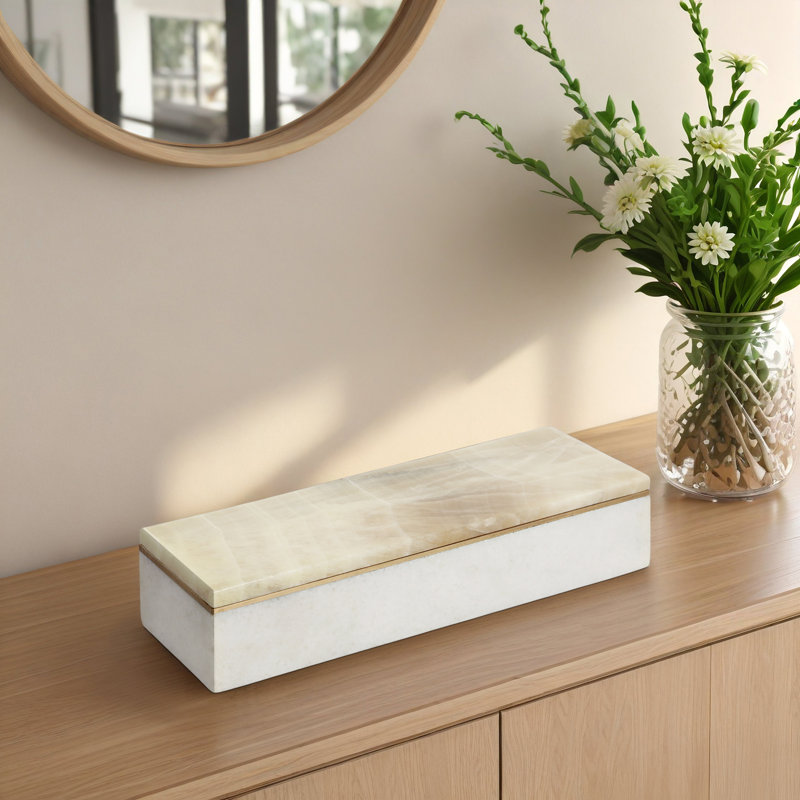 Modern Stone and Marble Decorative Box with Sleek Rectangular Design and Removable Lid., White/Ivory