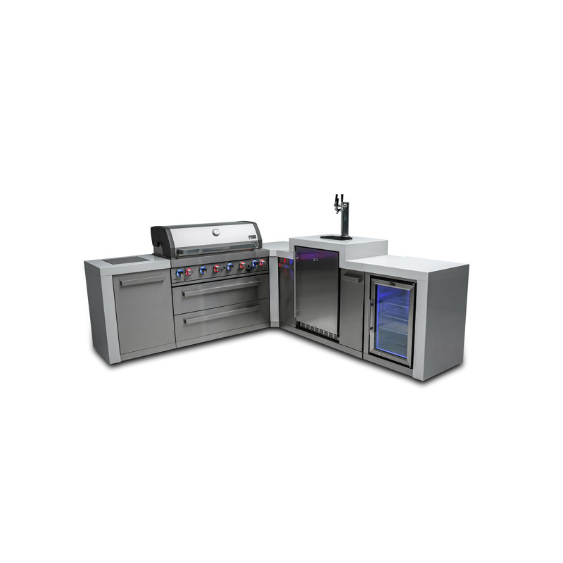 Mont Alpi 6-Burner 90 Degree Deluxe Stainless Steel Outdoor Island Grill + Kegerator & Refrigerator