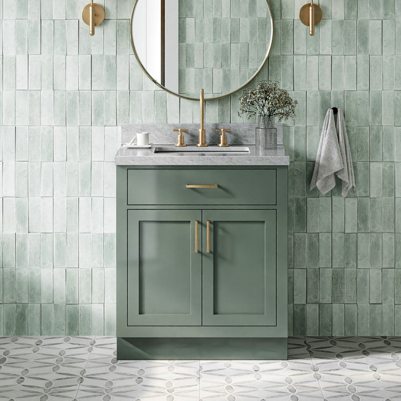 Meuble-lavabo simple en bois massif 30 po avec plateau en marbre Carrara de 1,5 po Kate, Forme rectangulaire