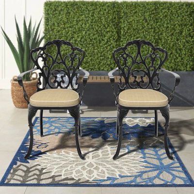 2Pcs Cast Aluminum Outdoor Dining Chairs, Black Frame With Cushions - Corrosion Frame, Stylish Look Chairs Frames And Comfortable, ,
