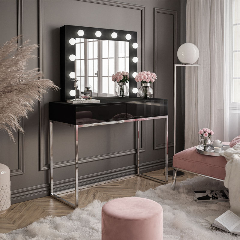 Antoniya Dressing Table with Mirror, Chrome/High Gloss Black