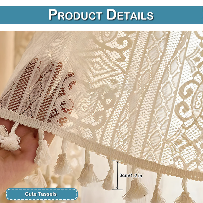 Boho Tassels Sheer Short Curtain 2 Layer Gauze Drape Valance Panel, 52"W x 17"L