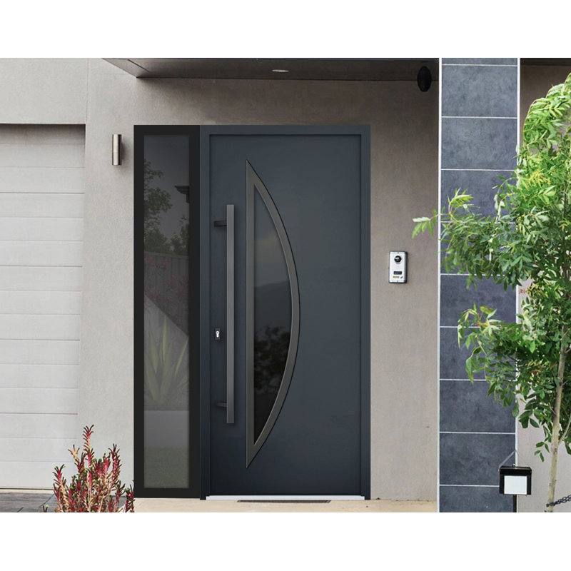 Porte avant en acier pré-suspendue à l'avant / deux 6501 anthracite / fenêtre extérieure latérale / inserts en acier inoxydable simple peint moderne - l 36 po x H 80 po - droitier