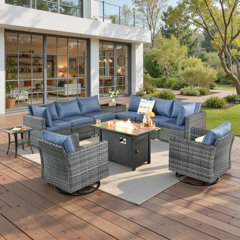 Aliva 11-Piece Outdoor Wicker Patio Seating Group with Fire Pit Table and Rocking Chairs, 8-Person Modular Sectional Sofa Set