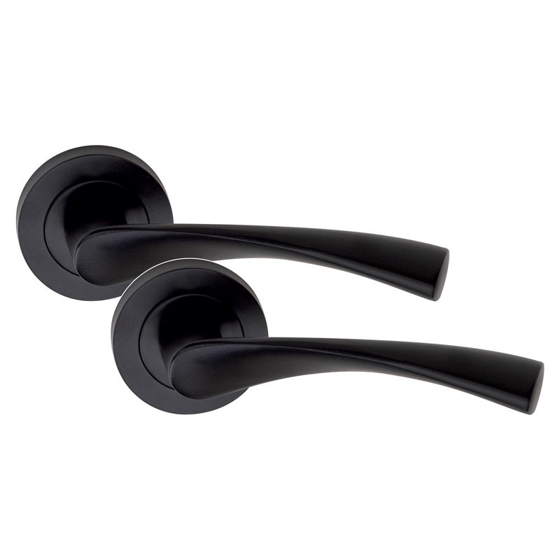  Astrid Design Key Lock Door Handles Set on Round Rose in Matt Black Finish with 64mm 3 Lever Mortise Lock & Key Hole