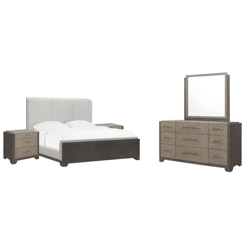 Très grand lit tapissier à panneau 2 tables de chevet et commode avec miroir Inzillo, Très grand lit