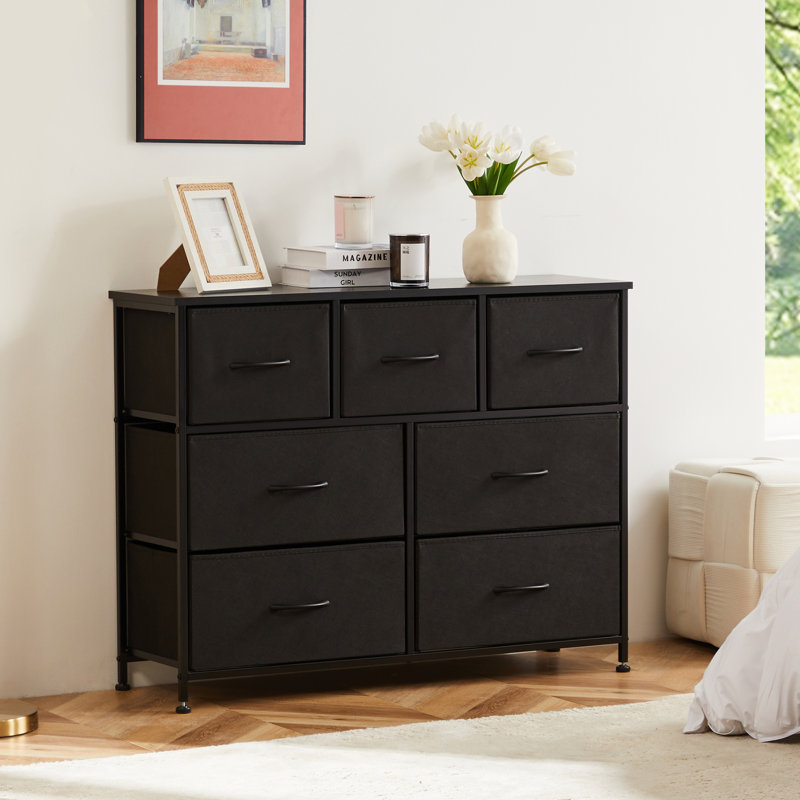 Verdi 7‑Drawer Wide Modern Fabric Dresser, Bedroom Dresser Chest of Drawers for Home Storage, Black