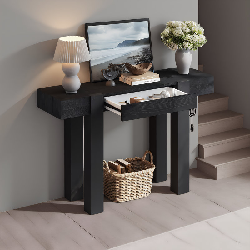 Rustic Entryway Table with Power Outlets and Concealed Storage, Black, Black, Black