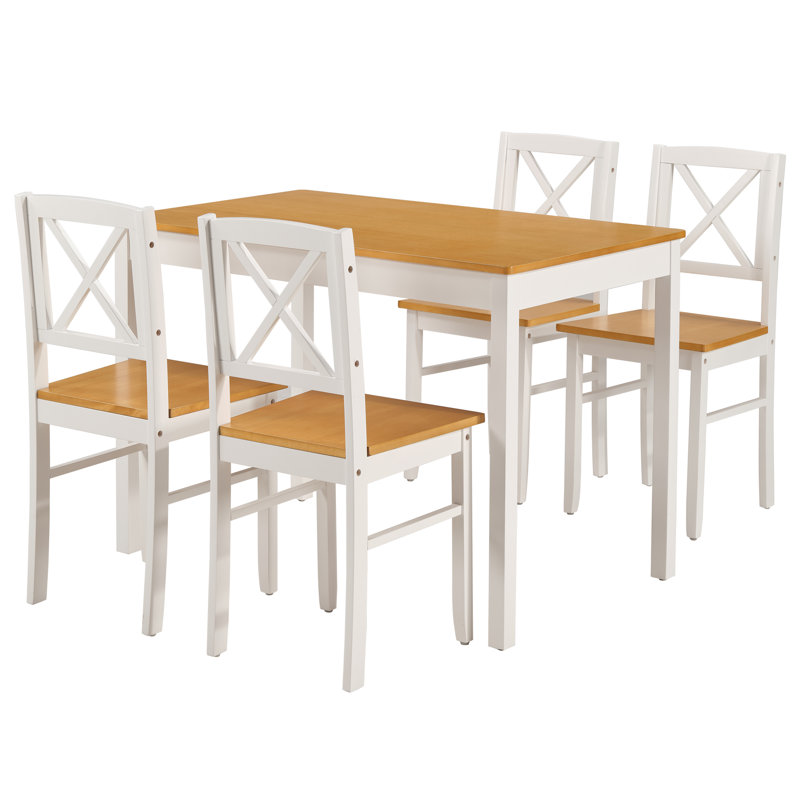 Ensemble de salle à manger 5 pièces en bois d'hévéa massif, table de cuisine compacte et 4 chaises à dossier en croix pour appartements et cafés