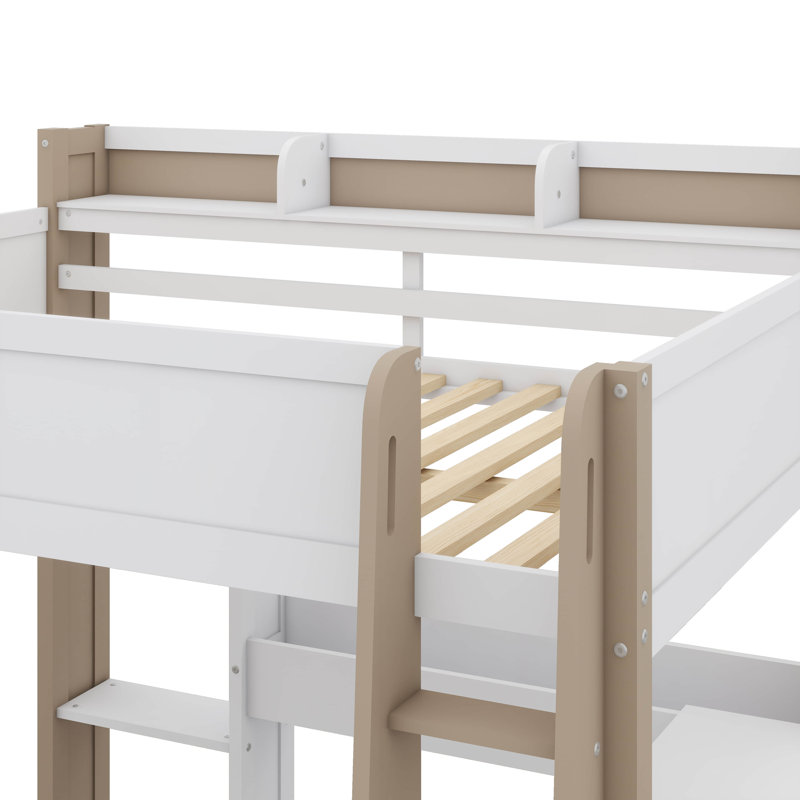 Lit mezzanine double avec tablettes, tringles à vêtements et bureau, White+Naturel