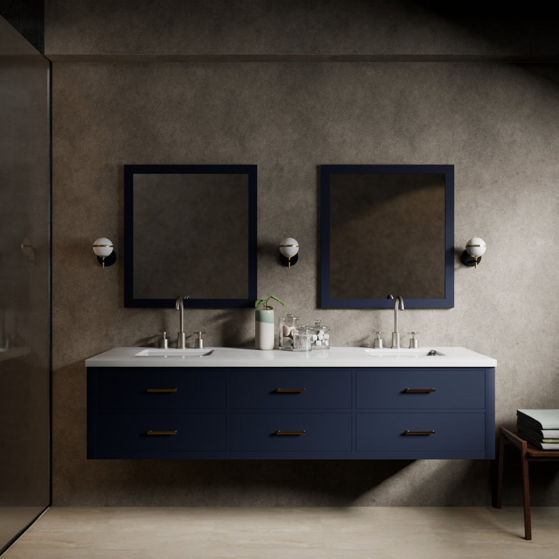 80" Wall-Mounted Double Bathroom Vanity Set, White Quartz, Blue