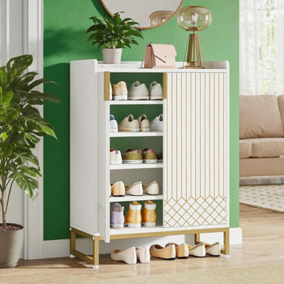 Modern White & Gold Shoe Cabinet - Diamond Texture, Luxe Minimalist Design, Entryway Hallway Accent
