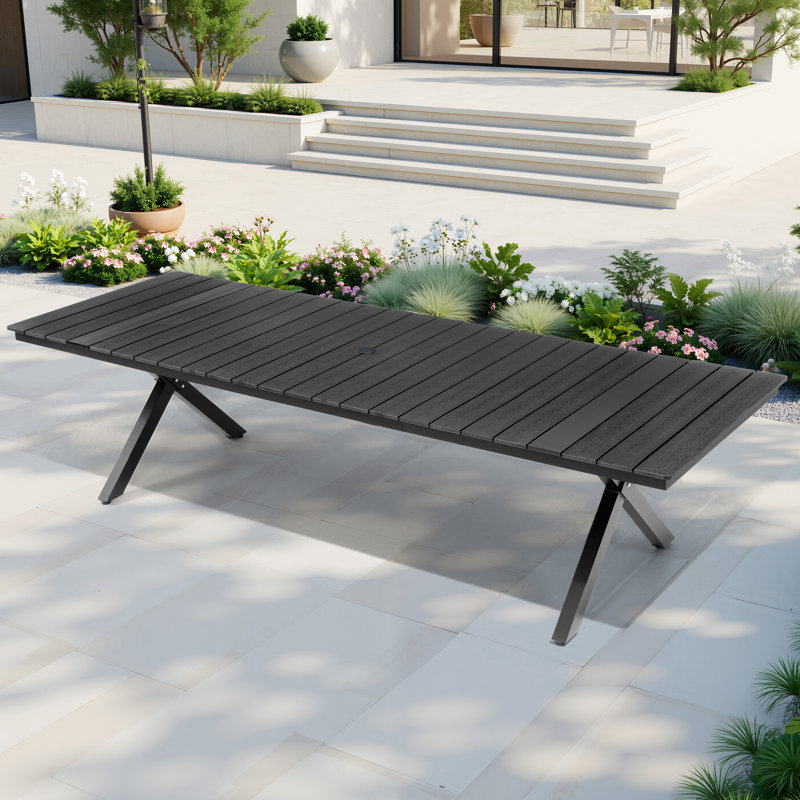 8-12 Person Plastic Desktop & Aluminum Frame Rectangular Outdoor Dining Table with Umbrella Hole, Black