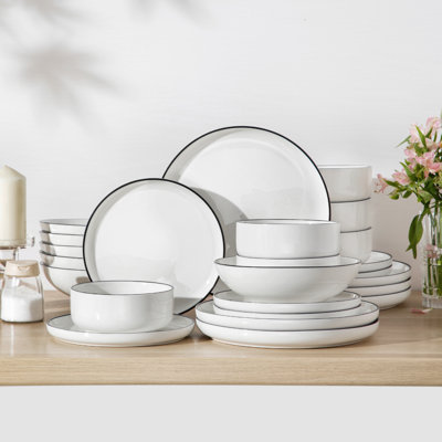24-Piece White With Black Trim Curved Rim Ceramic Dinnerware Set For 4-Elegant Contrast Design Plates & Bowls - 6 Dinner Plates, 6 Dessert Plates, 6 Soup Bowls, 6 Cereal Bowls - Modern Tableware Set