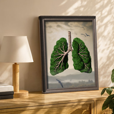 "Toile", une œuvre d'art surréelle représentant un grand arbre vert luxuriant se fondant parfaitement avec une paire de poumons humains symbolisant l'art sur toile