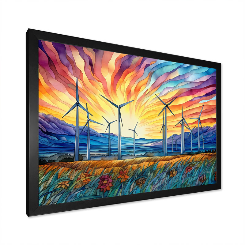 Éoliennes au lever du soleil, H 34 po x l 44 po x P 1,5 po, Cadre simple noir