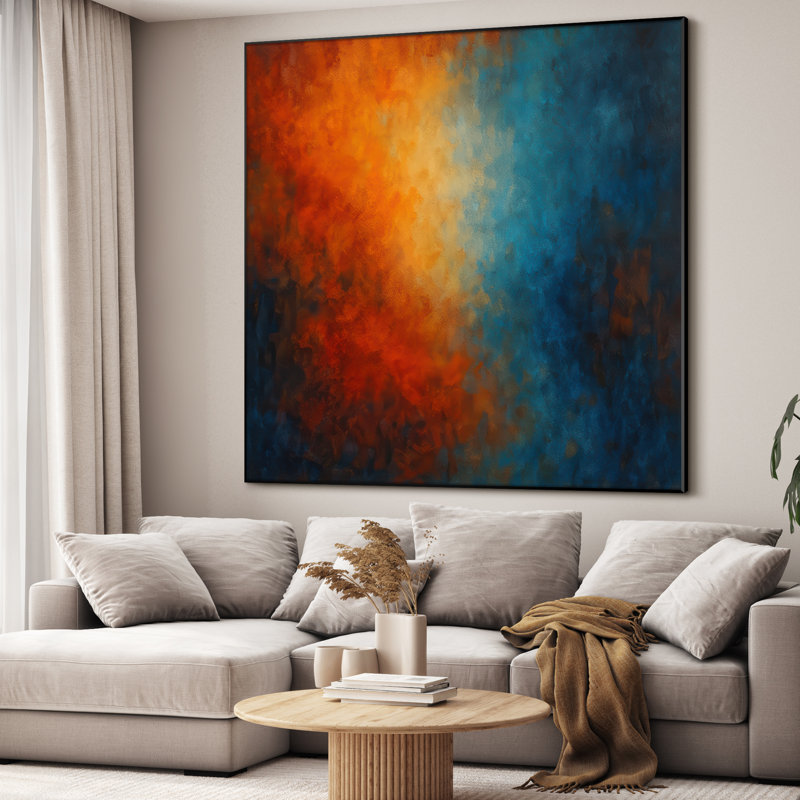 Très grande reproduction d'art sur toile - mélange d'illustrations abstraites mélangées bleues et orange pour le salon ou la chambre à coucher - «Assemblage requis du cadre (cadre non fini)»