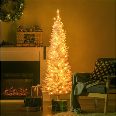 Sapin de Noël artificiel mince de 5 pi avec 110 lumières DEL blanc chaud et 294 pointes pour décoration de Noël