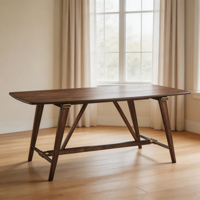 71" Rectangular Wooden Dining Table for 6, Mid Century Modern Dark Walnut Brown Dining Table with Brass Inlay Hardware, A-Frame Cross Support, Rounded