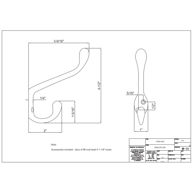 Metal Wall Hook, Satin Nickel