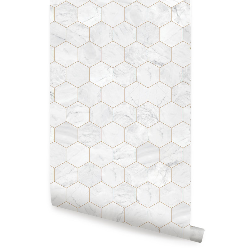 Panneau de papier peint adhésif hexagonal en marbre Murrow, L 2 pi x H 18 pi, Or cuivré
