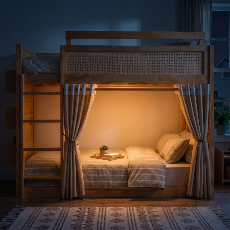 Lit superposé moderne en bois pour une personne, avec étagère de rangement à 3 niveaux, décoration en rotin, rideaux d'intimité et éclairage intégré - Naturel