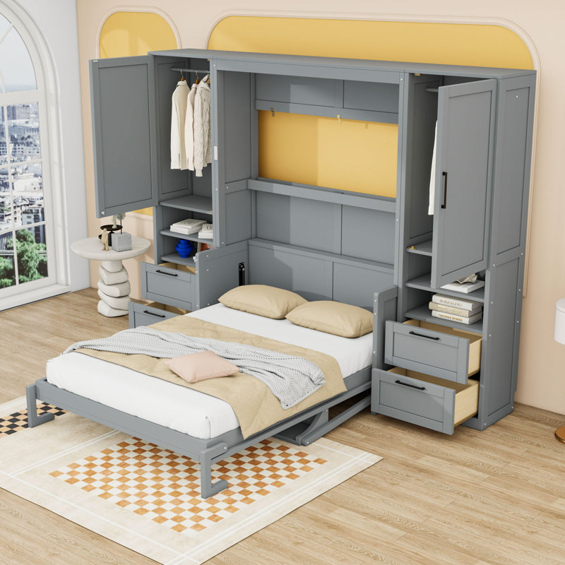 Lit escamotable double en bois avec tablette de rangement, armoire latérale et tiroirs, Gris