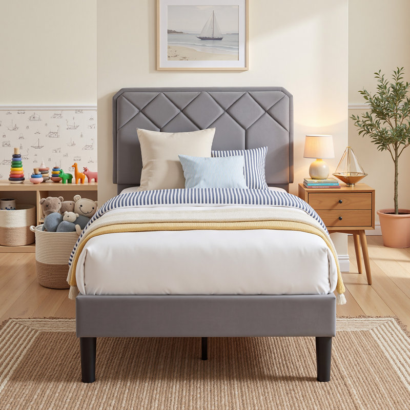 Twin Platform Bed Frame with Velvet Upholstered Headboard and Wooden Slats Support, Mattress Foundation/No Box Spring Needed