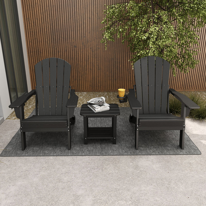 3-Piece Outdoor HDPE Adirondack Seating Set – 2 Foldable Patio Chairs With Cup Holders & 2-Tier End Table, All-Weather Poly Lumber Furniture For Porch, Backyard, Deck & Pool Area