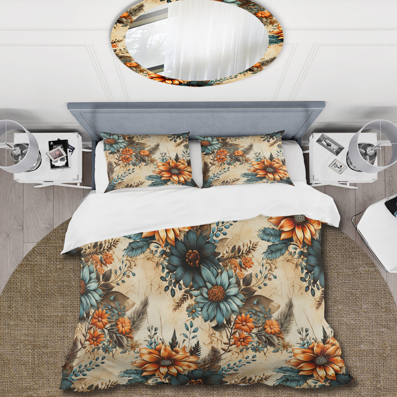 Rustic Gypsy Boho Pattern II Floral Duvet Cover, King Duvet Cover + 2 King Shams