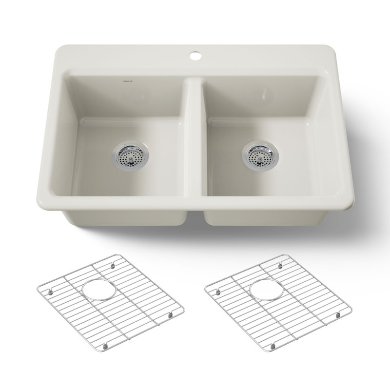 Riverby 33 In. Top-Mount Double-Bowl Kitchen Sink, Biscuit, Double-equal bowls, 1 hole