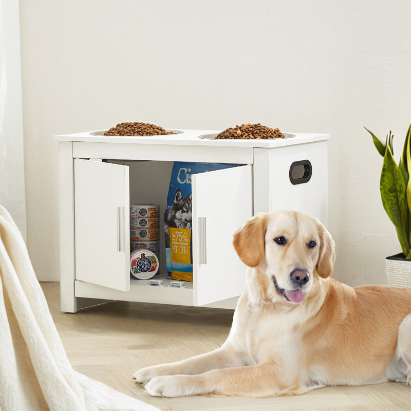 White Wooden Pet Feeding Station with Elevated Bowls and Storage Cabinet