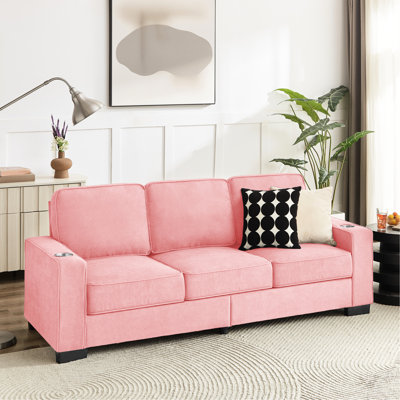 83.86"Snowfleece Fabric Sofa,Modern Compressed Couch,3-Seater Sofa, Furniture For Living Room,Bedroom,Office ,Pink
