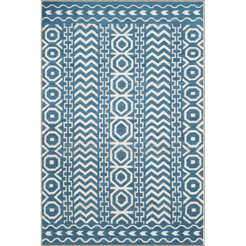 Blue Geometric Woven Based Washable Carpet, Rectangle 5'2" x 7'7"