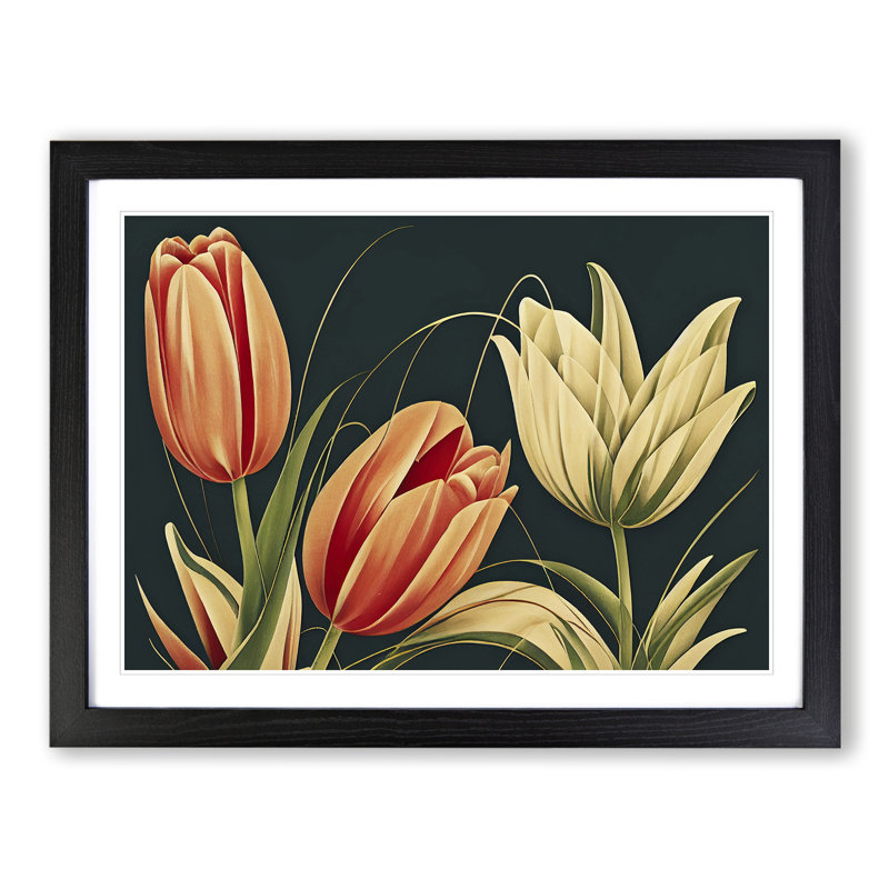 Art Deco Tulip Flowers Vol.2 - Framed Print, 25cm H x 34cm W x 2cm D, Black Framed