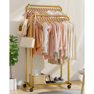 Clothes Rack - Clothing Rack with Storage Mesh Shelf & Casters, Heavy-Duty Metal Clothing Rack for Hanging Clothes, Dresses, Coats, Large Load Capacity, Easy Assembly, Gold, 28.0"x16.0"x59.0"