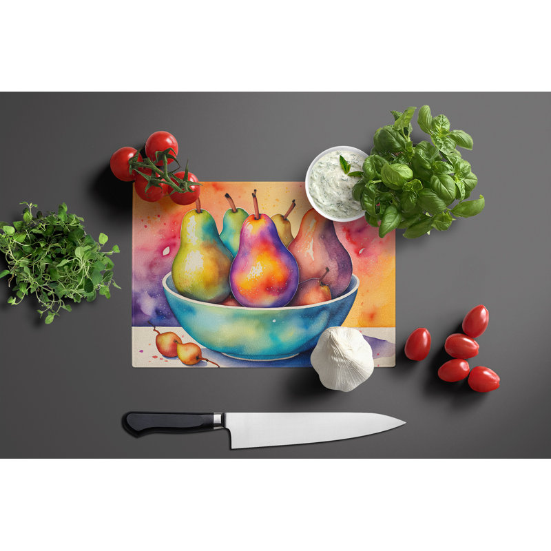 Grande planche à découper en verre avec poires colorées