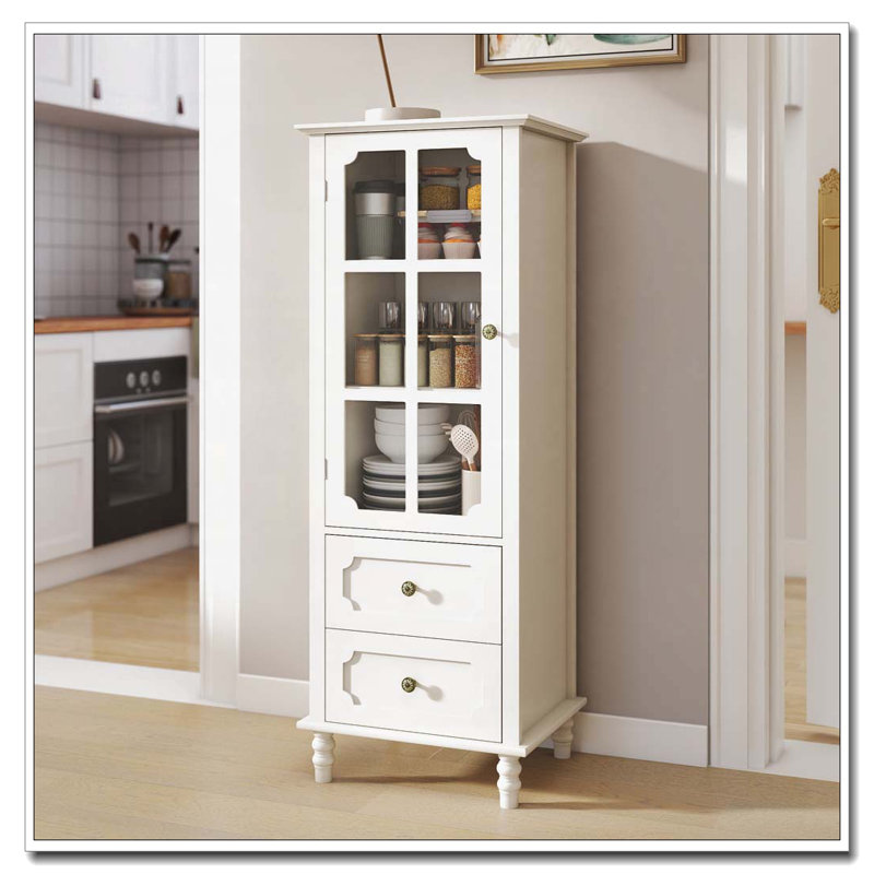 Armoire décorative avec portes en verre et double tiroir, Blanc