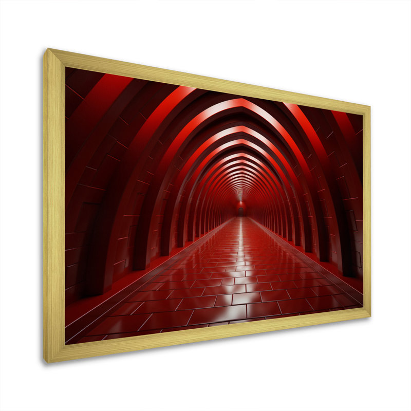 Tunnel abstrait en bois rouge Architecural - reproduction sur toile, Cadre doré à une seule photo, H 12 po x l 20 po x P 1 po