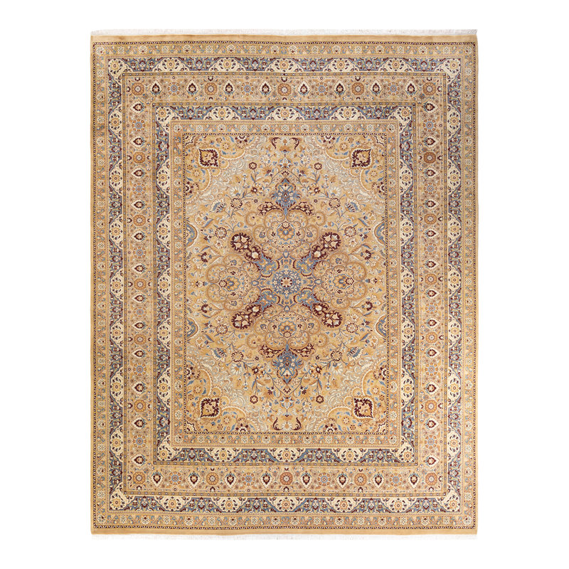 Tapis bleu clair / ivoire / brun noué à la main de conception unique 9 pi 2 po x 11 pi 9 po Hayner